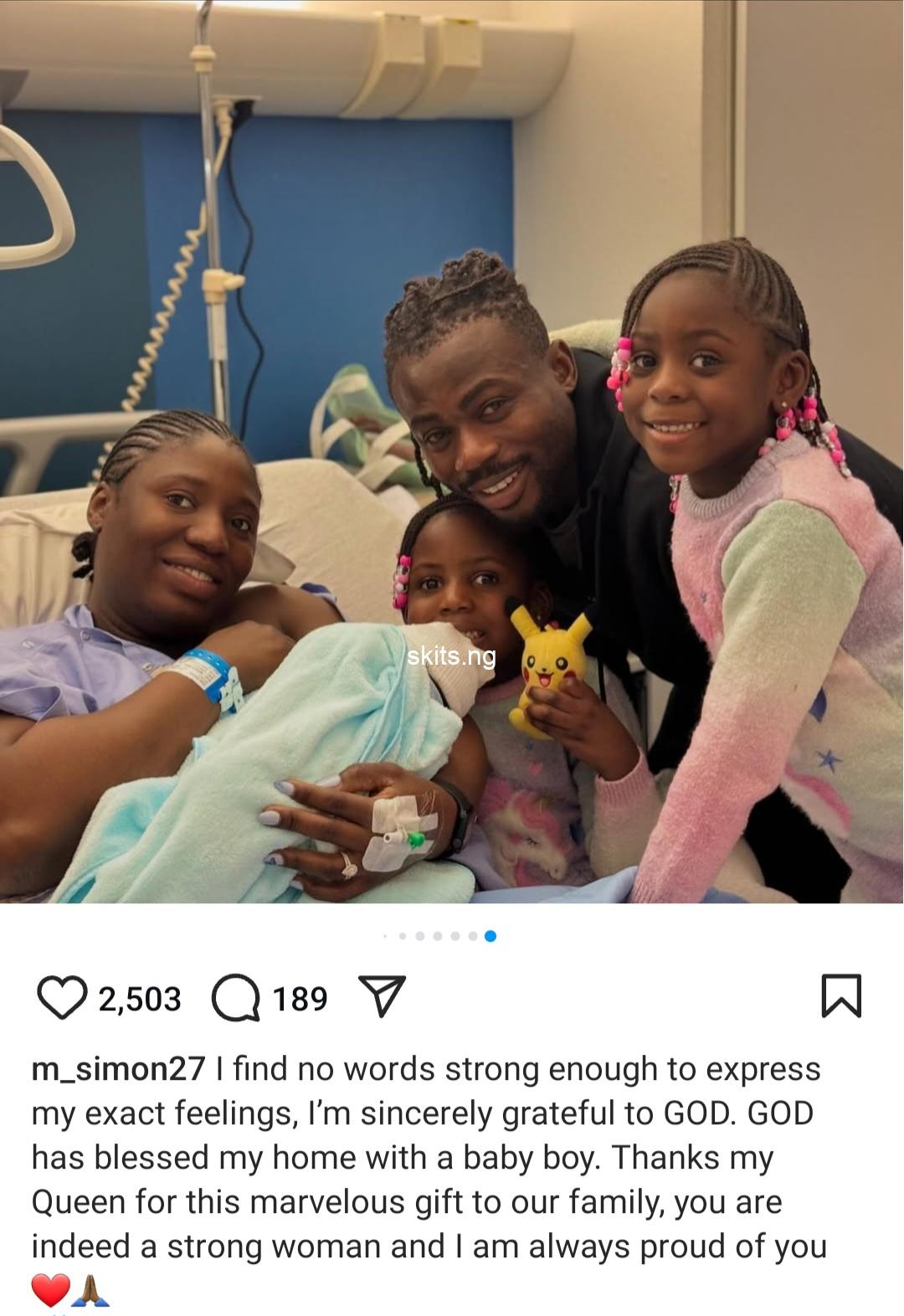Super Eagles player, Moses Simon and wife welcome first son