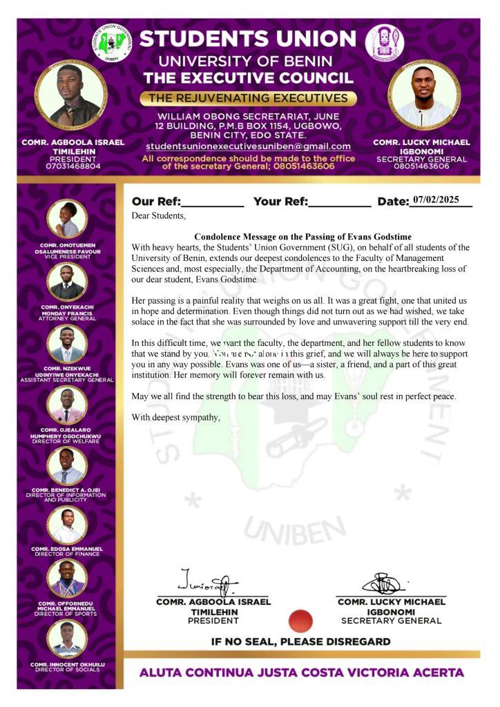 Uniben student evans godstime dies due to kidney cancer