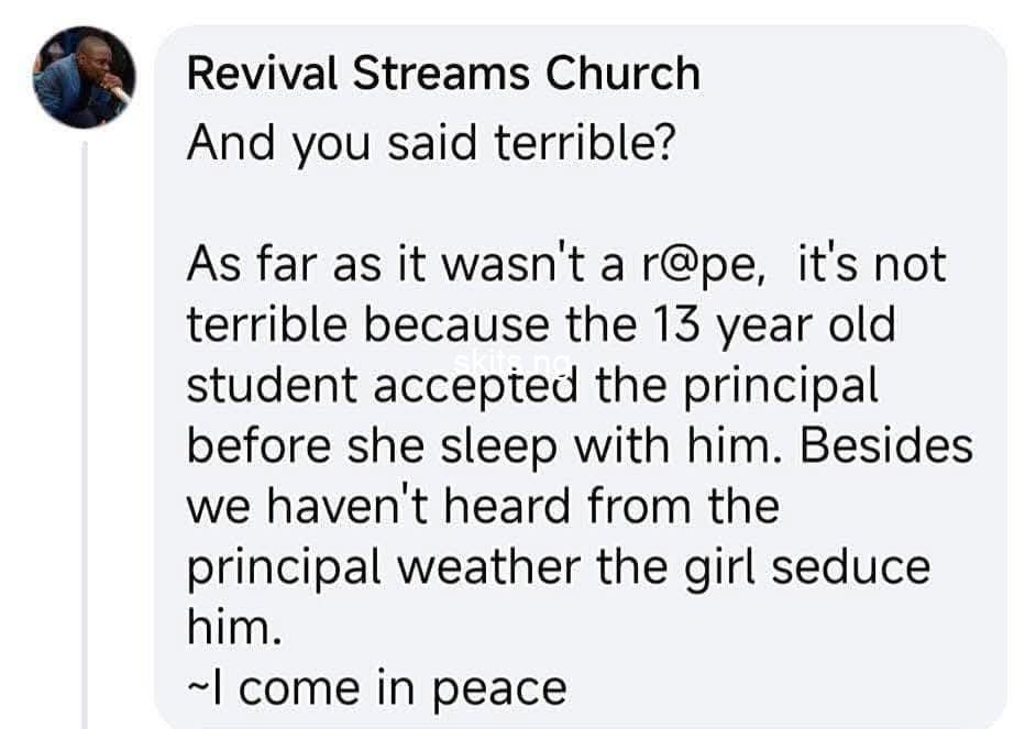 Man calls out pastor for defending vice principal who impregnated 13 year old girl