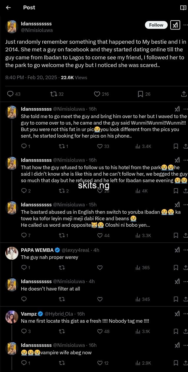 Man travels from ibadan to lagos dumps facebook girlfriend at park for looking different