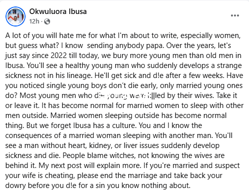 You know you cheated on your husband yet you still cook for him delta man blames adulterous wives for deaths of young men in his community