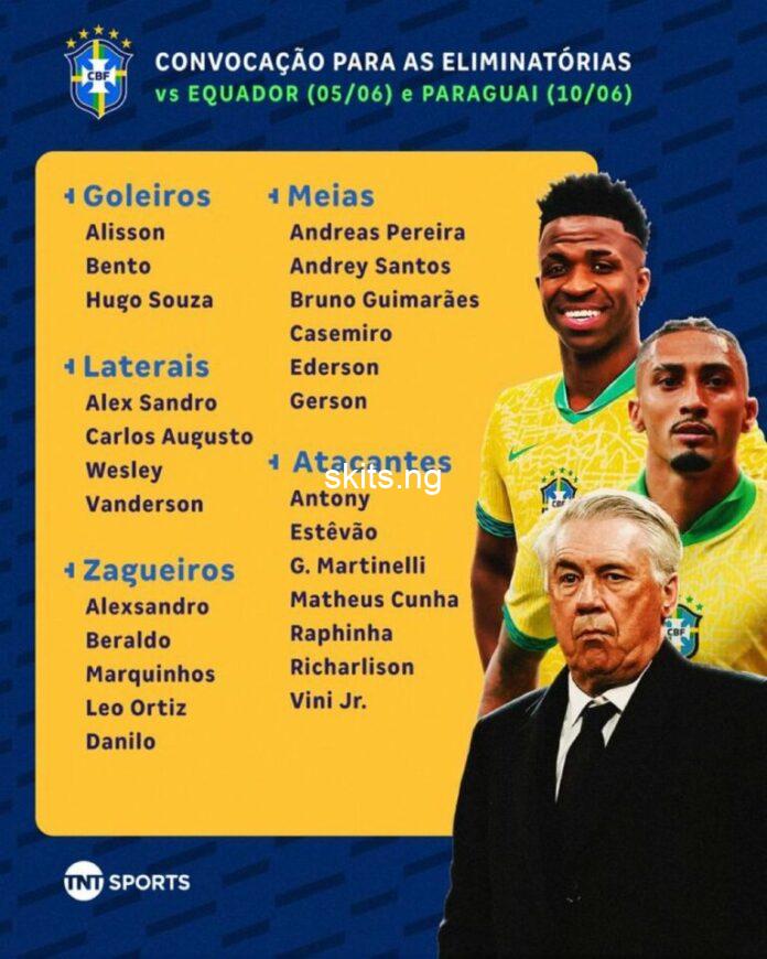 Ancelotti names first brazil squad ahead of world cup qualifiers