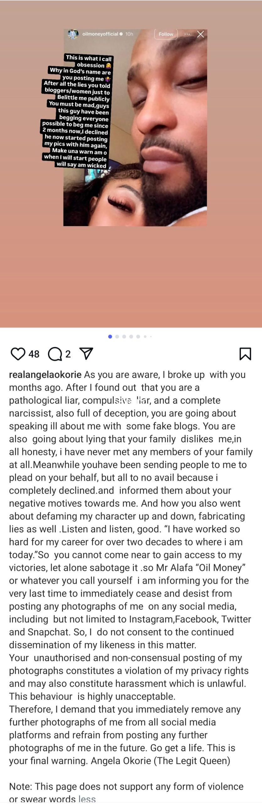 Angela okorie slams her ex accuses him of trying to get back into her life after allegedly spreading lies about her