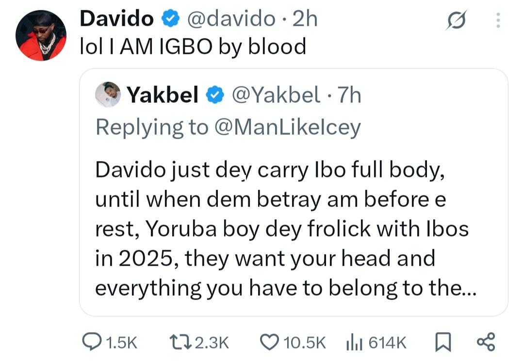 Davido reacts after being warned that igbos will betray him
