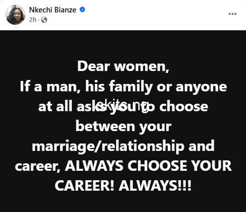 If a man or his family asks you to choose between your marriage and career always choose your career nigerian woman advises women