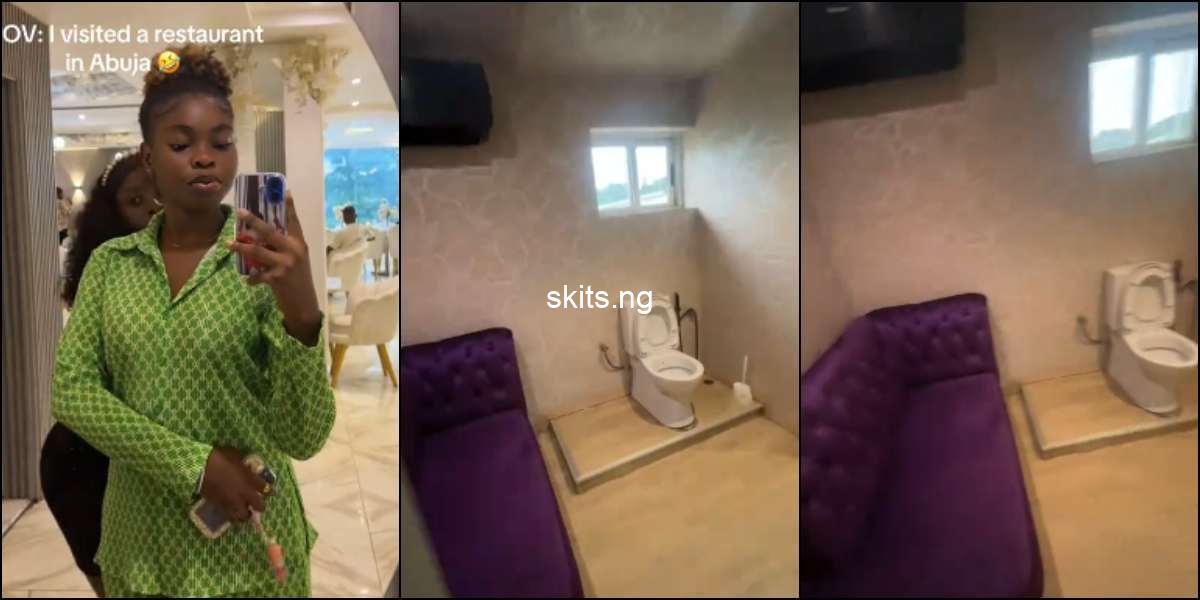 Lady puzzled as she sees sofa in toilet at an abuja restaurant