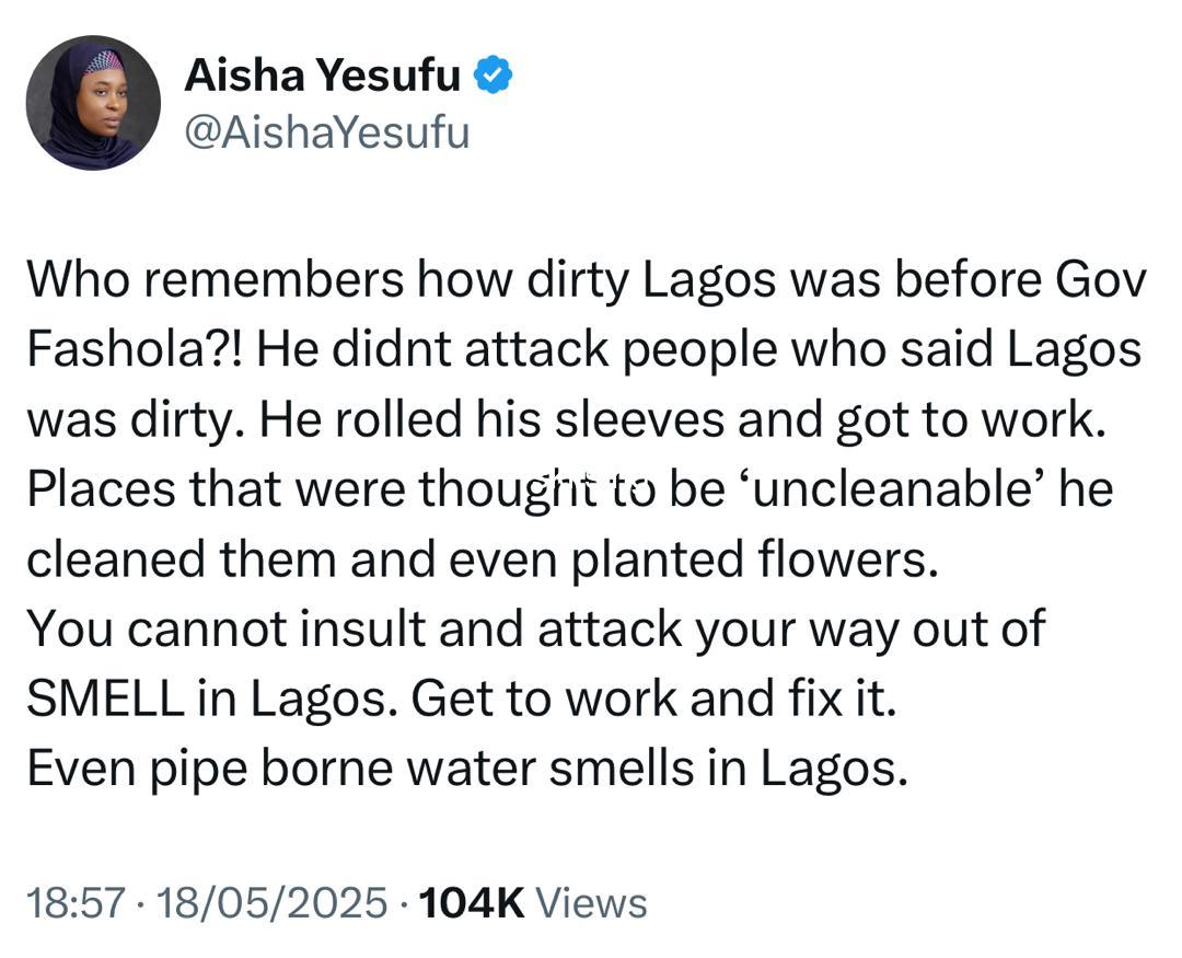 You cannot insult and attack your way out of smell in lagos get to work and fix it activist aisha yesufu tells lagos commissioner for environment tokunbo wahab