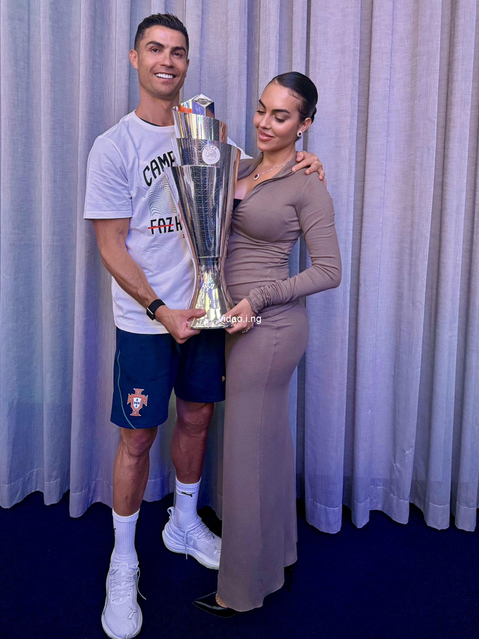 Cristiano ronaldos partner georgina rodrigue poses with his euro league trophy