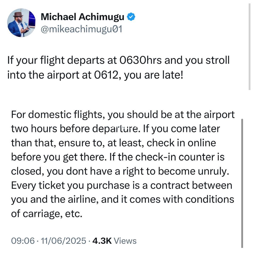 If your flight departs at 6 30am and you stroll into the airport at 6 12am you are late ncaa spokesperson michael achimugu educates nigerians