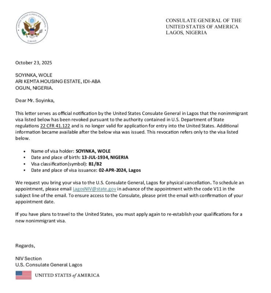 Us government permanently revokes wole soyinkas visa
