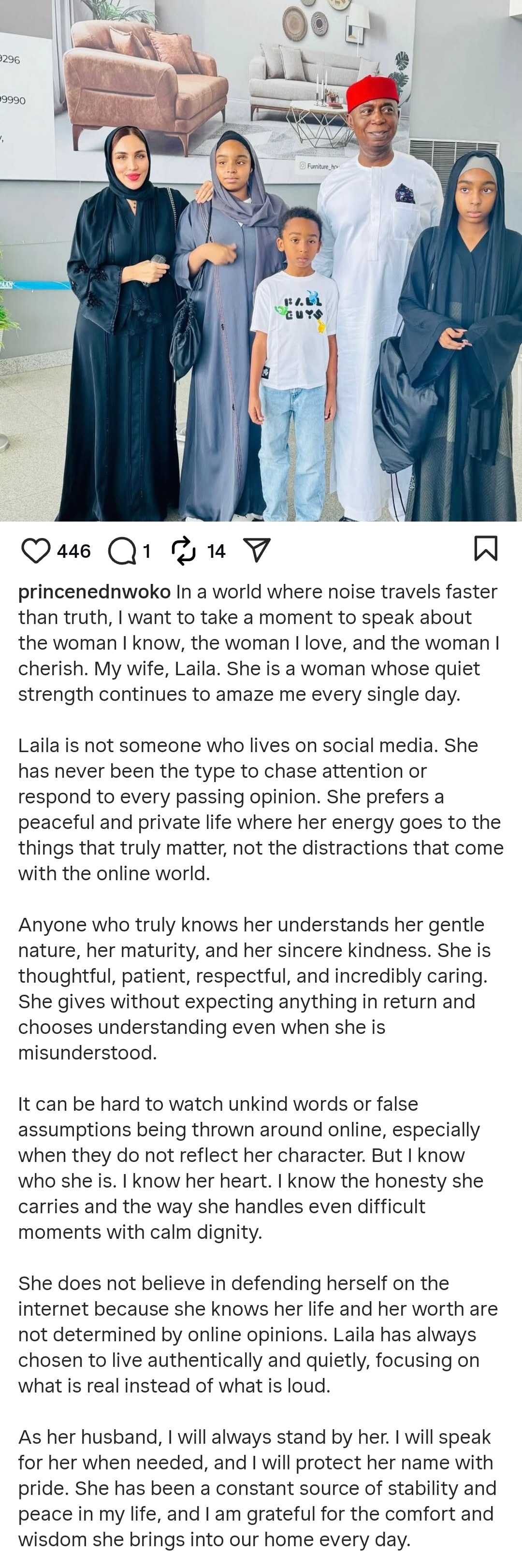 Senator Ned Nwoko hails Moroccan wife Laila Charani as a good woman and lists her virtues amid estrangement from youngest wife Regina Daniels