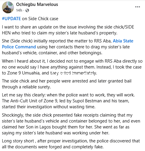 Nigerian man shares update on the side chick fighting over property of his sisters late husband