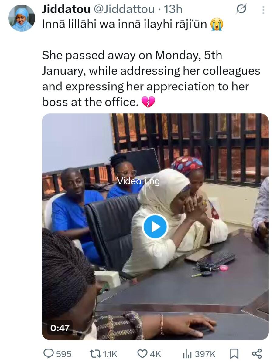 Woman dies suddenly while addressing her boss and colleagues at work video