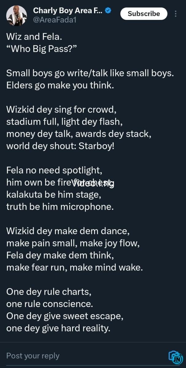 “River and fire no dey compete”: Charly Boy compares Fela Kuti with Wizkid amid social media clashes