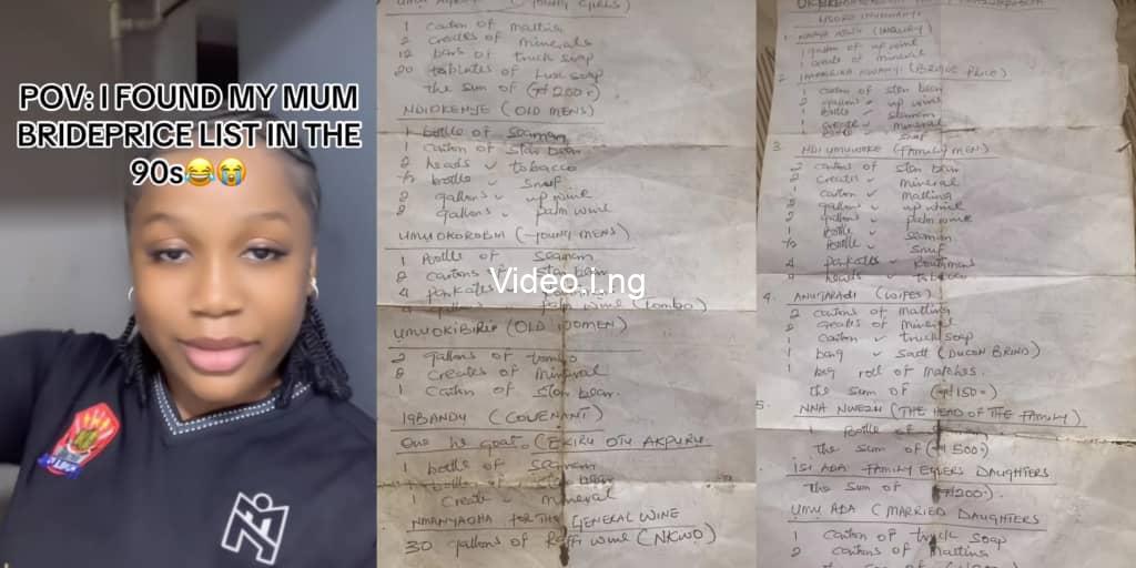 Lady shocks the internet by flaunting her mother’s 90s bride price list from Imo State